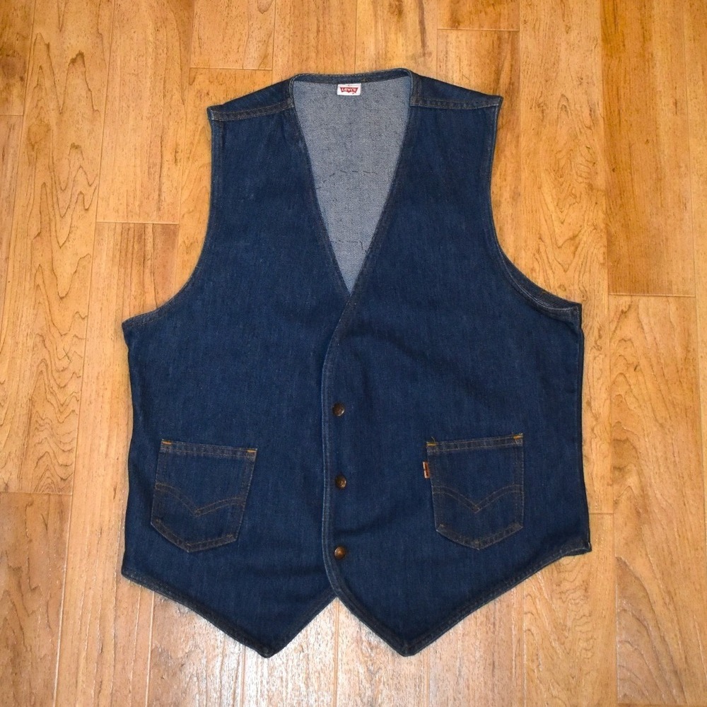 Vintage Levis Blue Denim Vest Mens Large Mercedes Sequin Beaded Orange Tab